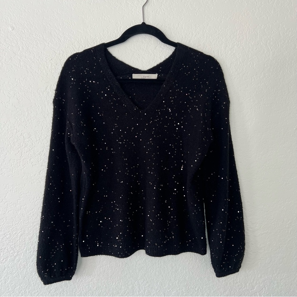 Loft Sequin Double V Black Sequined Cozy Sweater Women’s Size XS Acrylic Blend